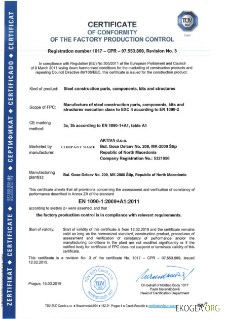 République tchèque Certificat de conformité du contrôle de production en usine